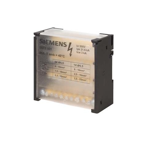5ST2501 SIEMENS Blocco distributore a 4 poli, 80A, 500V ingresso: 1x 6-16mm2 uscita: 8x 4-10mm2 per montaggi..