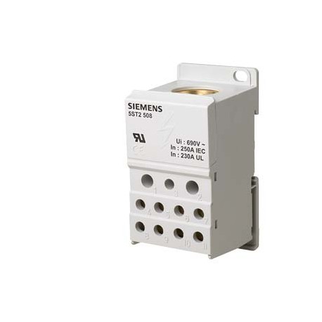 5ST2508 SIEMENS Blocco distributore a 1 polo, 250A, 690V ingresso: 1x 35-120mm2 uscita: 2x2,5-25+5x 2,5-16+4..