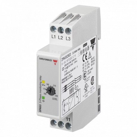 DPA53CM23 CARLO GAVAZZI Parâmetros de saída selecionado SETPOINT sinal 1 relé 1 variável indicada tensão de ..