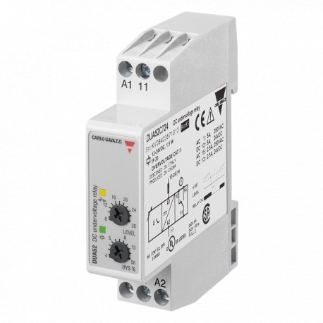 DUA52C748 CARLO GAVAZZI Relé de control de tensión mín. CC, Alimentación 48 VCC, Escala de medida 38 a 58 VCC