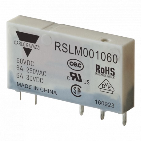 RSLM001060 CARLO GAVAZZI Relé eletromecânico estreito de 5 mm, Capacidade 6 A, Tensão bobina 60VCC, Configur..