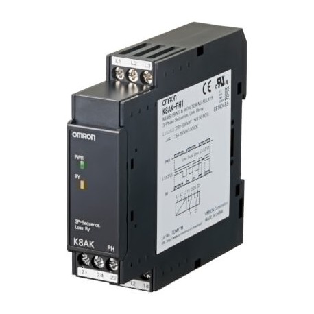 K8AB-PH1 181893 OMRON Monitoring relay 22.5mm wide, simultanious monitoring of phase sequence and loss in 3p..