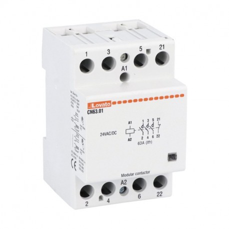 CN6301024 LOVATO MODULAR CONTACTOR, THREE-POLE OR FOUR-POLE, 63A AC1, 24VAC/DC (4NO)