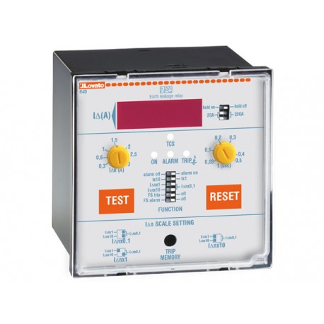 R4D48 LOVATO EARTH LEAKAGE RELAY WITH 2 OPERATION THRESHOLDS, FLUSH MOUNT. EXTERNAL CT. FAULT CURRENT MEASUR..