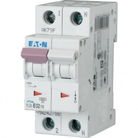 PLZ6-B32/1N-MW 242788 EATON ELECTRIC Over current switch, 32A, 1pole+N, type B characteristic