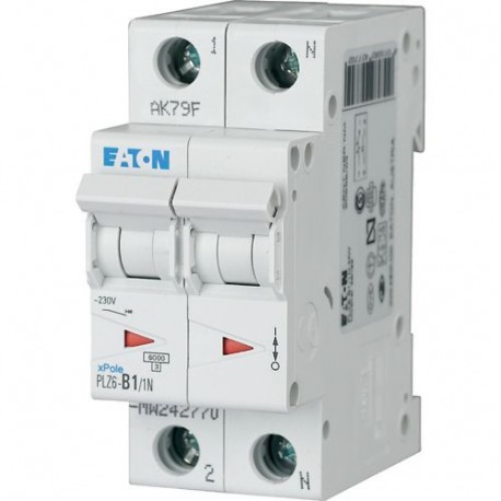PLZ6-C1/1N-MW 242796 EATON ELECTRIC Miniature circuit breaker (MCB), 1A, 1pole+N, type C characteristic