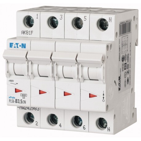 PLS6-C3,5/3N-MW 243009 EATON ELECTRIC Miniature circuit breaker (MCB), 3, 5 A, 3pole+N, type C characteristic