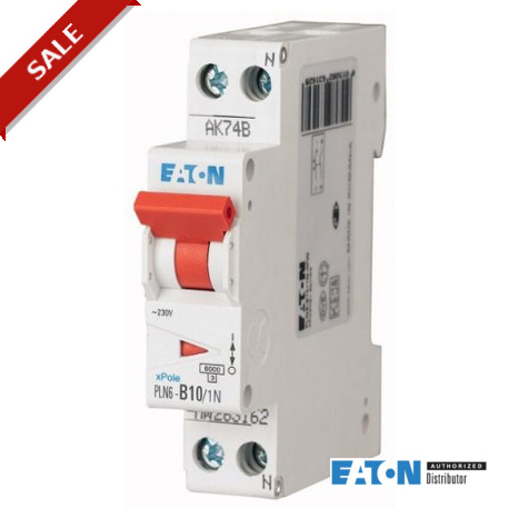 PLN6-B10/1N 283014 EATON ELECTRIC Miniature circuit breaker (MCB), 10A, 1pole+N, type B characteristic