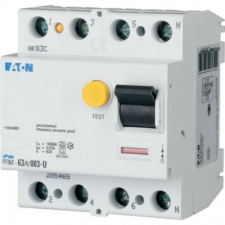 PFIM-63/4/003-U 285465 FRCDM-63/4/003-U EATON ELECTRIC Interrupteur différentiel, 63A, 4 pôles, 30mA, type U