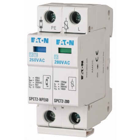 SPCT2-580-1+NPE 167627 EATON ELECTRIC Protección de sobretensiones con cartuchos, 1P+N, 580VAC, 20 kA