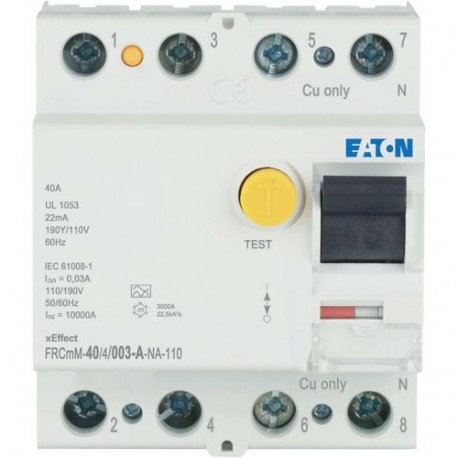FRCMM-40/4/003-A-NA-110 167700 EATON ELECTRIC Residual current circuit breaker (RCCB), 40A, 4p, 30mA, type A