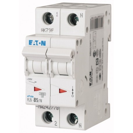 PLZ6-C5/1N-MW 242804 EATON ELECTRIC Перегрузки по току выключателя, 5А, 1pole + N, тип C характеристика