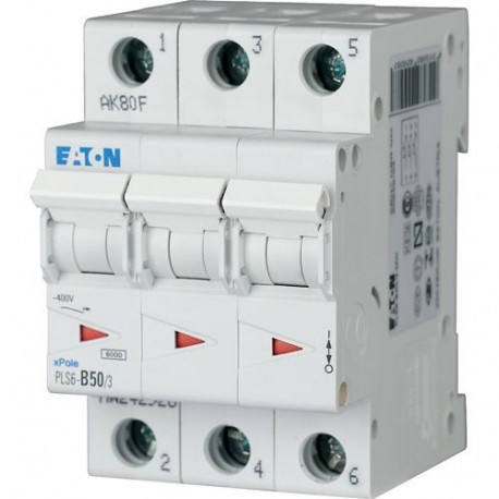 PLS6-C50/3-MW 242954 EATON ELECTRIC Перегрузки по току выключателя, 50А, 3 р, тип C характеристики