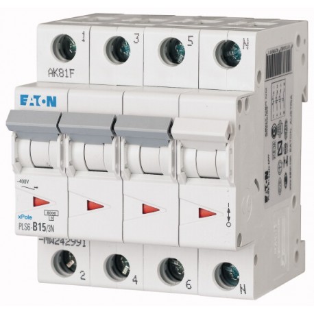 PLS6-B15/3N-MW 242991 EATON ELECTRIC Over current switch, 15A, 3pole+N, type B characteristic