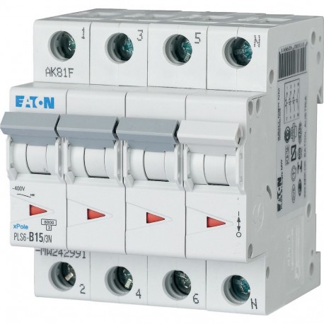 PLS6-B15/3N-MW 242991 EATON ELECTRIC Interruttore protettore 15A 3p+N curva caratteristica B