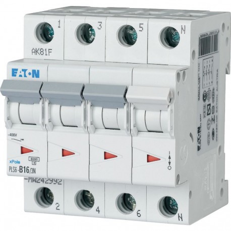 PLS6-B16/3N-MW 242992 Y7-242992 EATON ELECTRIC Miniature circuit breaker (MCB), 16A, 3pole+N, type B charact..