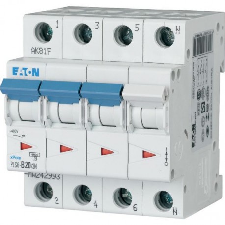 PLS6-B20/3N-MW 242993 EATON ELECTRIC Over current switch, 20A, 3pole+N, type B characteristic