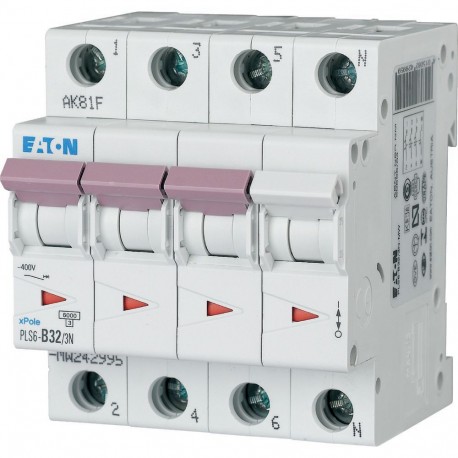 PLS6-B32/3N-MW 242995 Y7-242995 EATON ELECTRIC Interruttore protettore, 32A, 3p+N, curva caratteristica B