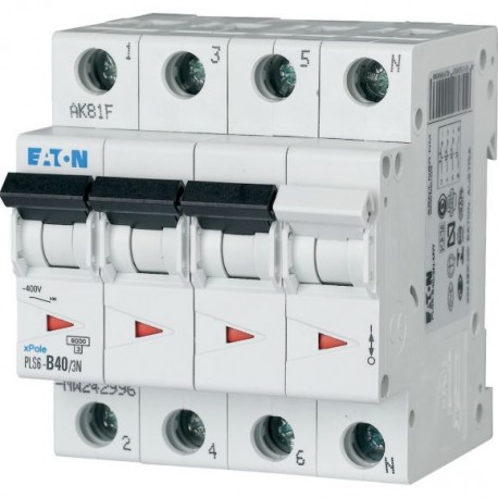 PLS6-B40/3N-MW 242996 EATON ELECTRIC Over current switch, 40A, 3pole+N, type B characteristic