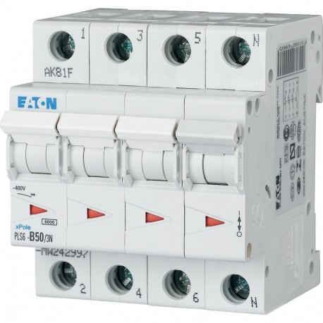 PLS6-B50/3N-MW 242997 Y7-242997 EATON ELECTRIC Disjoncteur modulaire, 50A, 3p+N, courbe B