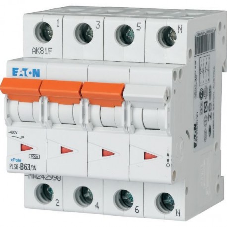 PLS6-B63/3N-MW 242998 EATON ELECTRIC Over current switch, 63A, 3pole+N, type B characteristic