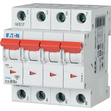 PLS6-D10/4-MW 243106 EATON ELECTRIC Перегрузки по току выключателя, 10А, 4 р, тип D характеристики