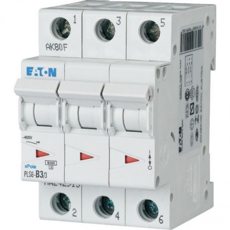 PLS6-D6/3-MW 242966 EATON ELECTRIC Перегрузки по току выключателя, 6А, 3 р, тип D характеристики