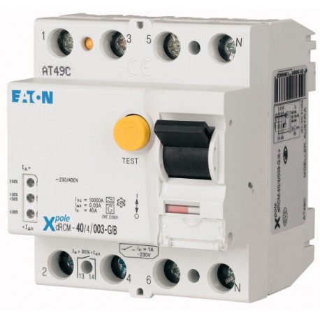 FI-80/4/03-B 279175 DRCM-25/4/03-G/B. EATON ELECTRIC Interruptor diferencial, Tipo B, 4P, 80A, 300mA