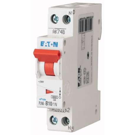 PLN6-C10/1N 283024 EATON ELECTRIC Miniature circuit breaker (MCB), 10A, 1pole+N, type C characteristic