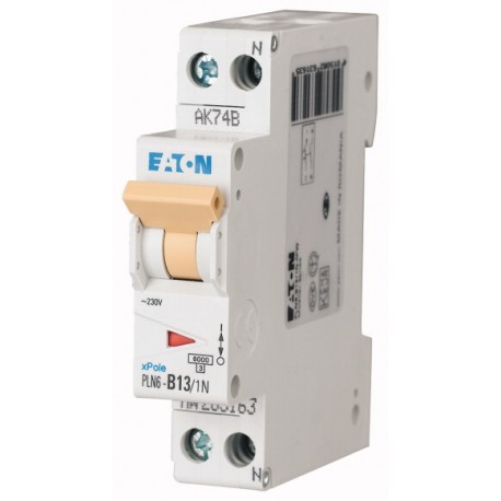 PLN6-C13/1N 283025 EATON ELECTRIC Miniature circuit breaker (MCB), 13A, 1pole+N, type C characteristic