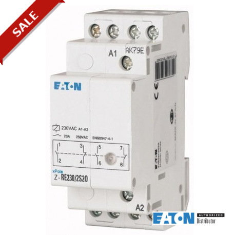 Z-RE230/2S2O 265230 EATON ELECTRIC Installation relay, 230VAC/50Hz, 2N/O, 20A, 2HP