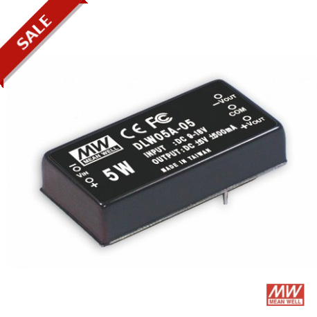 DLW05A-05 MEANWELL DC-DC Converter for PCB mount, Input 9-18VDC, Output ±5VDC / 0.5A
