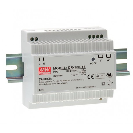 DR-100-15 MEANWELL AC-DC питания Промышленные на DIN-рейку, Выход 15VDC / 6,5 A, пластиковый корпус в форме T