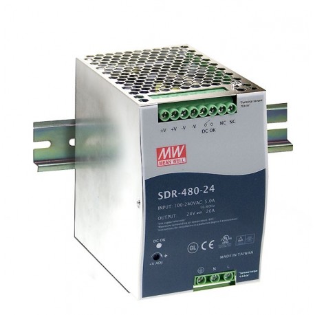 SDR-480P-24 MEANWELL Fonte de alimentação para trilho DIN, Entrada: 90-264VCA, Saída: 24VCC, 20A. Potência: ..
