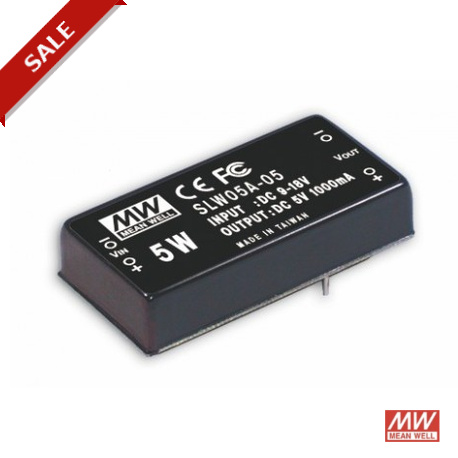 SLW05A-05 MEANWELL DC-DC Converter for PCB mount, Input 9-18VDC, Output 5VDC / 1A, DIP Through hole package,..