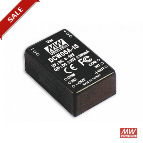 DCW05B-15 MEANWELL DC-DC Converter for PCB mount, Input 18-36VDC, Output ±15VDC / 0.40A