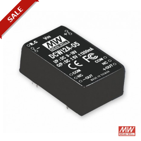 DCW12C-05 MEANWELL Convertisseur DC-DC pour montage sur circuit, Entrée 36-72VDC, Sortie ±5V / 1.2 A