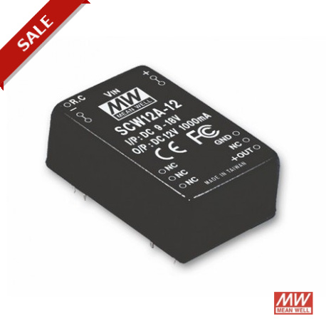 SCW12A-15 MEANWELL DC-DC Converter for PCB mount, Input 9-18VDC, Output 15VDC / 800mA, DIP Through hole pack..