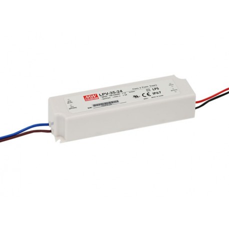 LPV-35-12 MEANWELL Driver de LED, Entrada: 90-264VCA, Saída: 12VDC, 3A Potência: 36W. Caixa de plástico. IP67