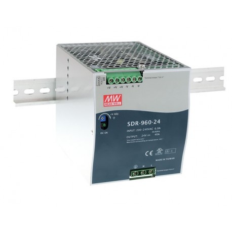 SDR-960-24 MEANWELL Alimentazione AC-DC Industriale su guida DIN, Uscita 24VCC / 40A, cassa in metallo, Ultr..