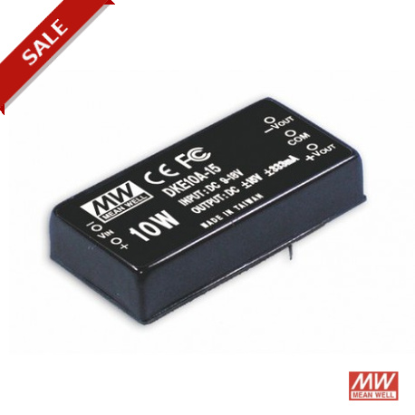 DKE10A-15 MEANWELL DC-DC Converter for PCB mount, Input 9-18VDC, Output ±15VDC / 0.333A, DIP Through hole pa..