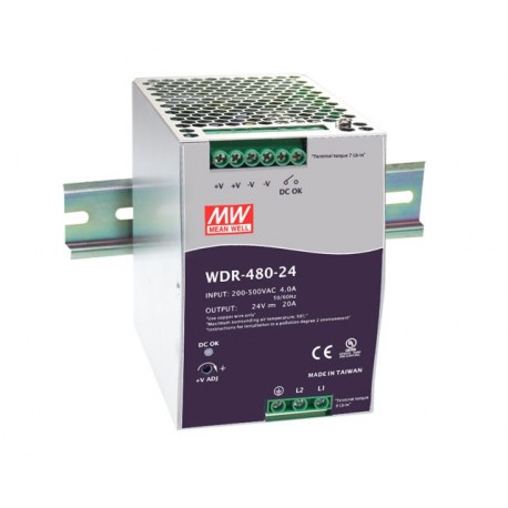 WDR-480-24 MEANWELL Fuente de alimentación conmutada, Entrada: 180-550VCA, Monofásica y bifásica.Salida: 24V..