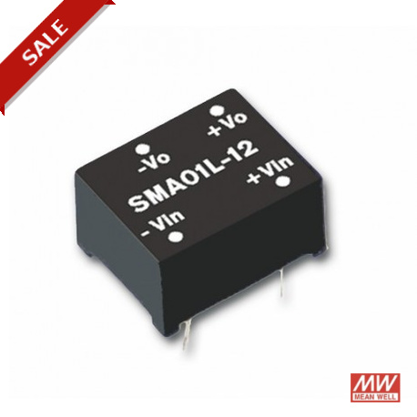 SMA01L-15 MEANWELL Conversor CC/CC para circuito impresso, In: 4,5-5,5 VCC, Saída: 15VCC, 67mA. Potência: 1W..