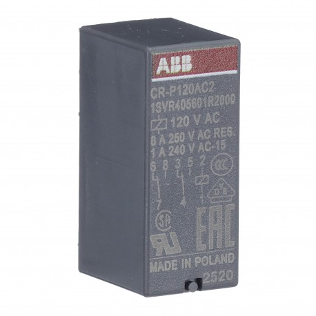 1SVR405601R2000 ABB CR-P120AC2 Pluggable interface relay 2c/o, A1-A2 120VAC, 250V/8A