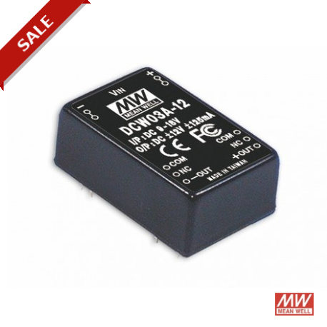 DCW03B-05 MEANWELL Convertidor CC/CC para circuito impreso, Entrada: 18-75VCC, Salida: ±5VCC, 0,3A. Potencia..