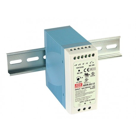 MDR-60-12 MEANWELL AC-DC Industrial DIN rail power supply, Output 12VDC / 5A, plastic case