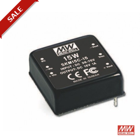 SKM15B-12 MEANWELL Convertitore DC-DC per montaggio su circuito, Ingresso 18-36VDC, Uscita 12VDC / 1.25 A, D..