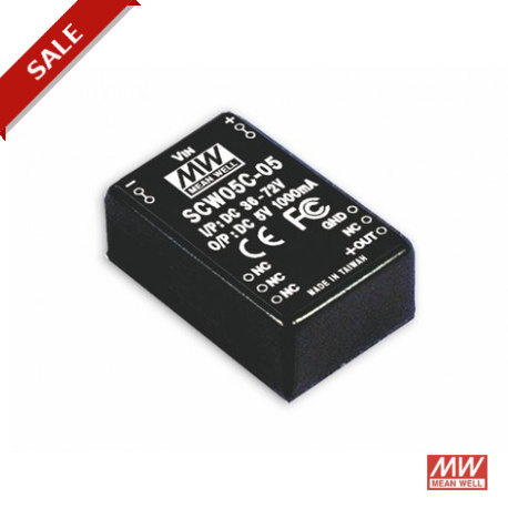 SCW05B-15 MEANWELL DC-DC Converter for PCB mount, Input 18-36VDC, Output 15VDC / 0.400A, DIP Through hole pa..