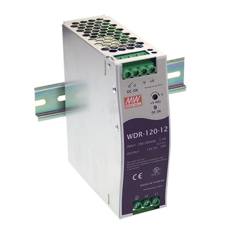 WDR-120-12 MEANWELL AC-DC Industrial DIN rail power supply, Output 12VDC / 10A, metal case, Ultra wide input..
