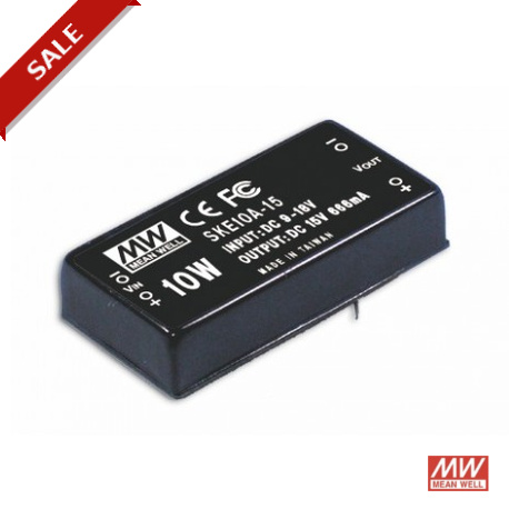 SKE10C-15 MEANWELL DC-DC Converter for PCB mount, Input 36-72VDC, Output 15VDC / 0,666A, DIP Through hole pa..